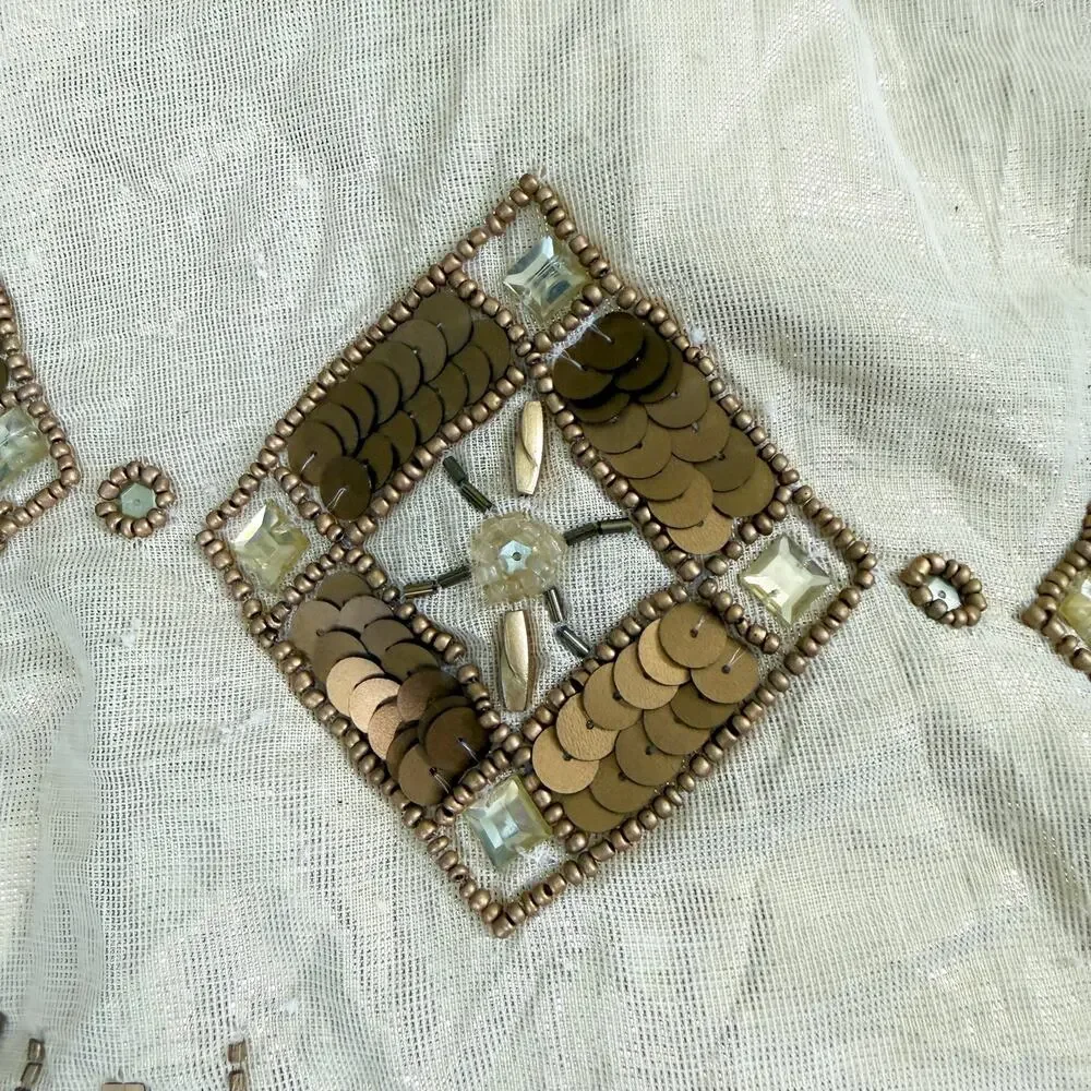 Kim Seybert Cream & Gold Beaded Christmas Tree Skirt Sequin Accent EUC